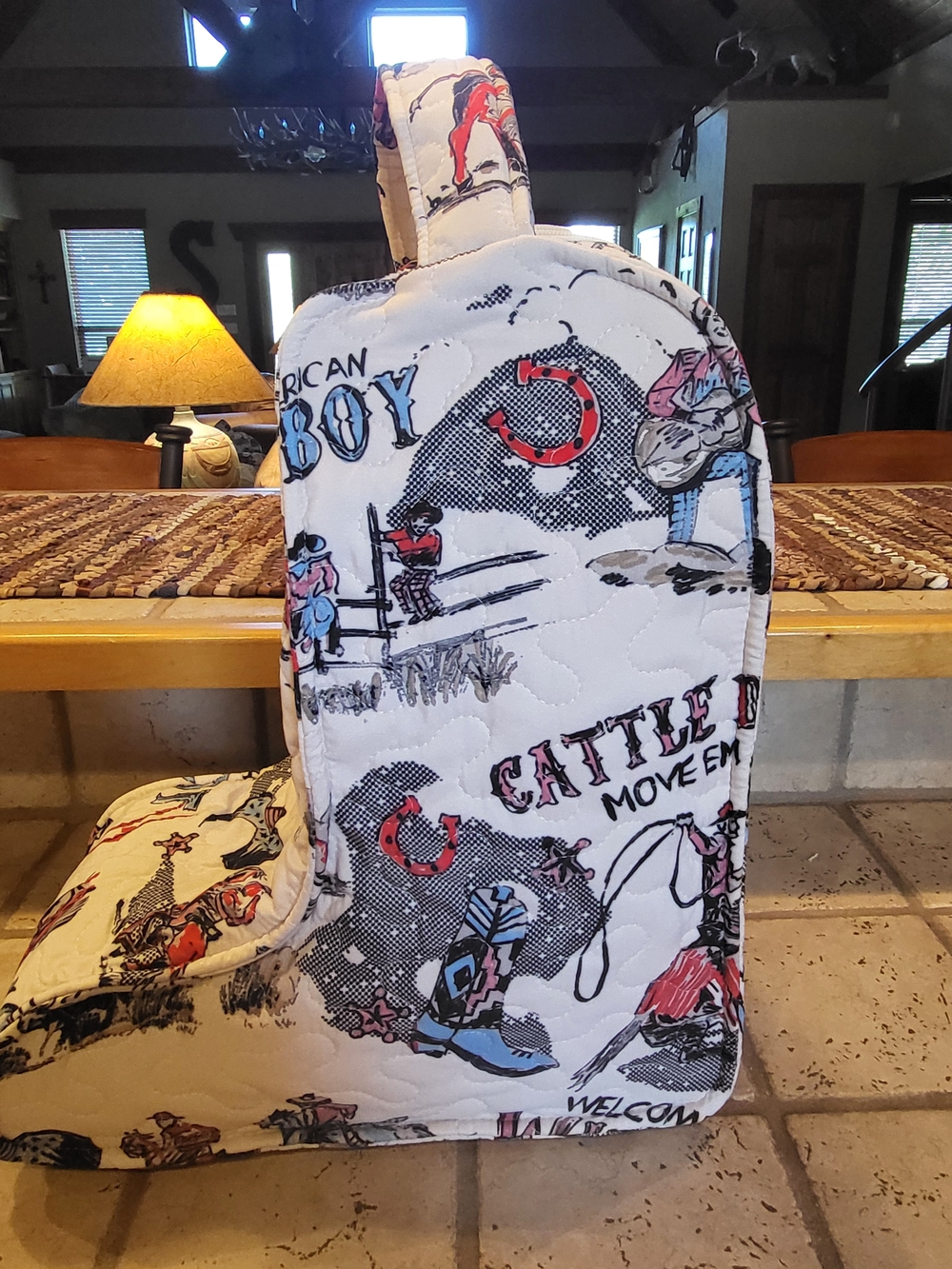 Cream Western-Print Travel Sling Bag with Red & Blue Accents